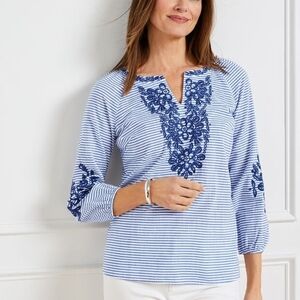 Talbots Shirt Womens MP Blue Stripe Cotton Tunic Embroidered Coastal Preppy Boho